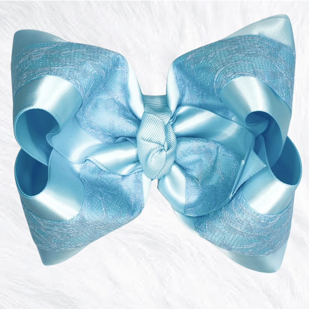 Blue satin and blue lace Bow - Little Miss Mango Ribbons