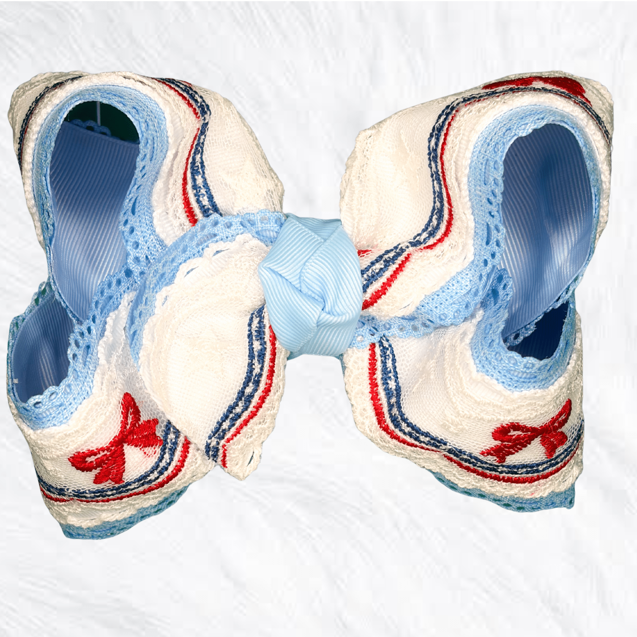 Patriotic Luxury Lace Bow | very limited! (for 5 & 6 inch please write in comments base ribbon Scalloped edge or Moonstitch) - Little Miss Mango Ribbons