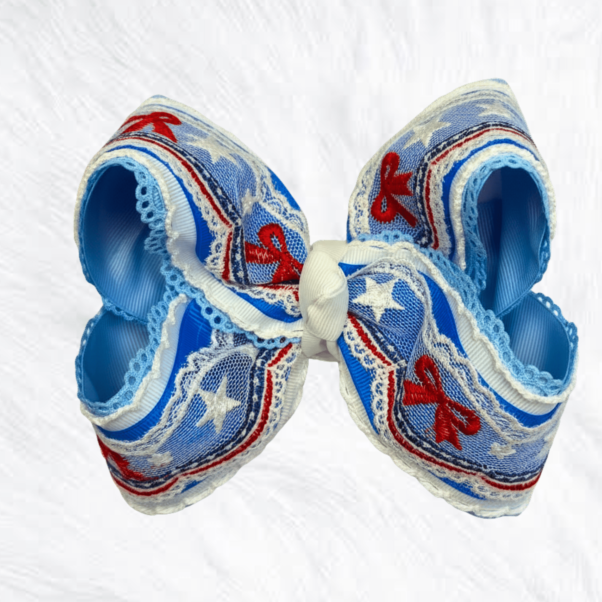 Patriotic Luxury Lace Bow | very limited! (for 5 & 6 inch please write in comments base ribbon Scalloped edge or Moonstitch) - Little Miss Mango Ribbons