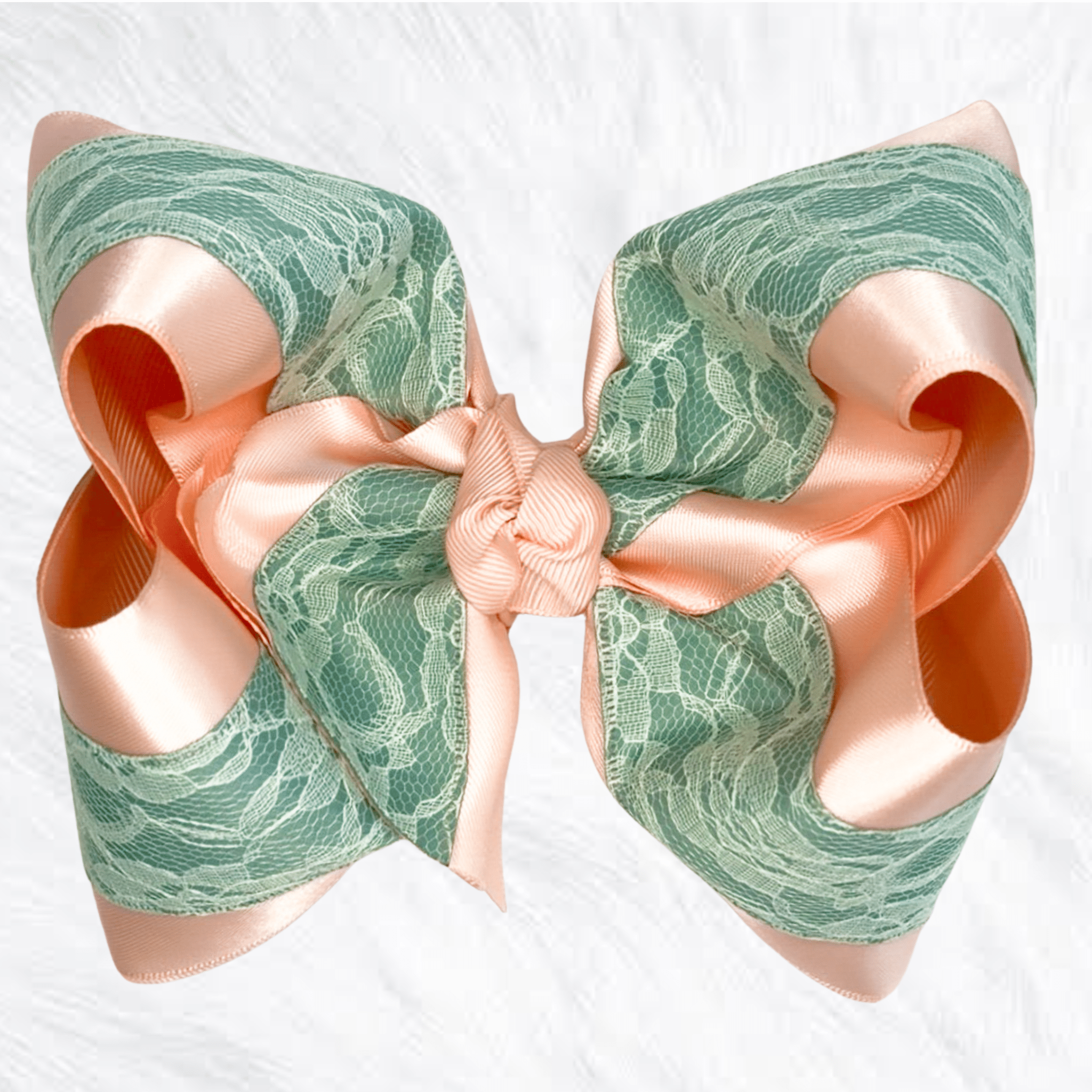 Peach satin and sage lace bow - Little Miss Mango Ribbons